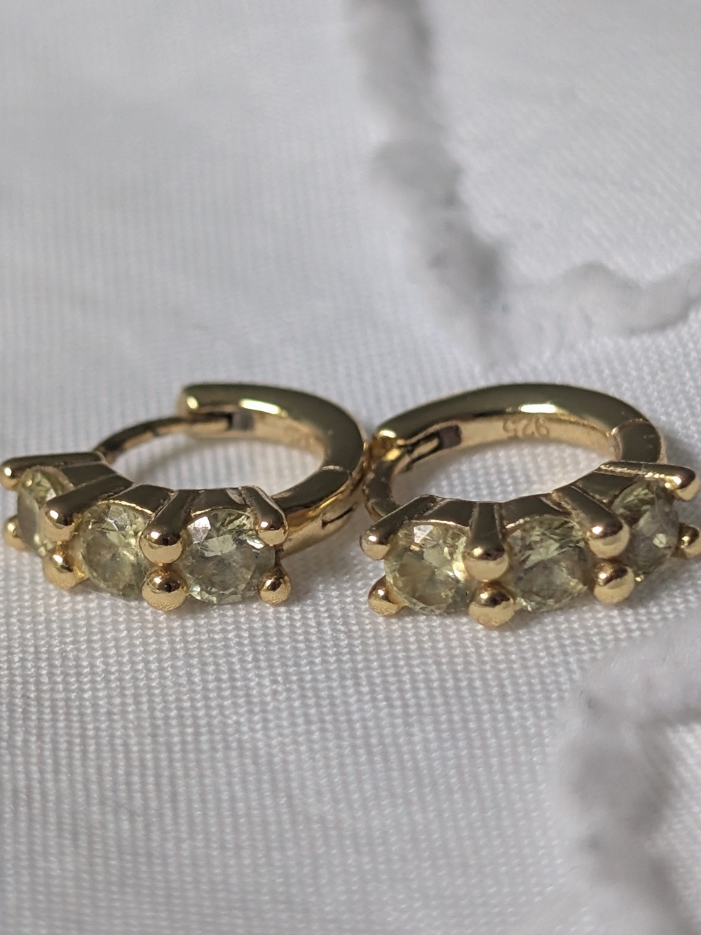 Sterling Silver, Gold Plated Huggie Earrings with Pale Green Gemstones